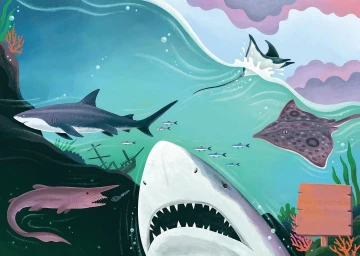 Digital illustration of marine life featuring sharks and rays swimming underwater by Kaley Mckean