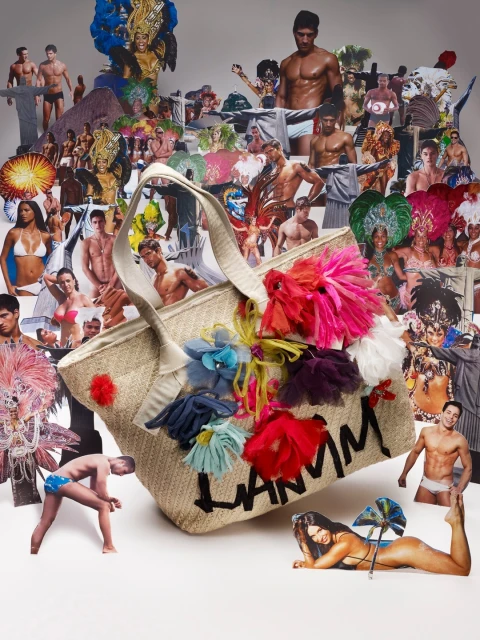 Collage of tanned, muscular men and carnival dancers with a handbag featuring colorful tassels and black letters on a white surface.
