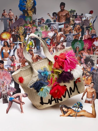 Collage of tanned, muscular men and carnival dancers with a handbag featuring colorful tassels and black letters on a white surface.