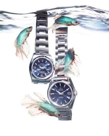 Two steel wristwatches are creatively arranged with four Siamese fighting fish underwater against a white background in a product shot.