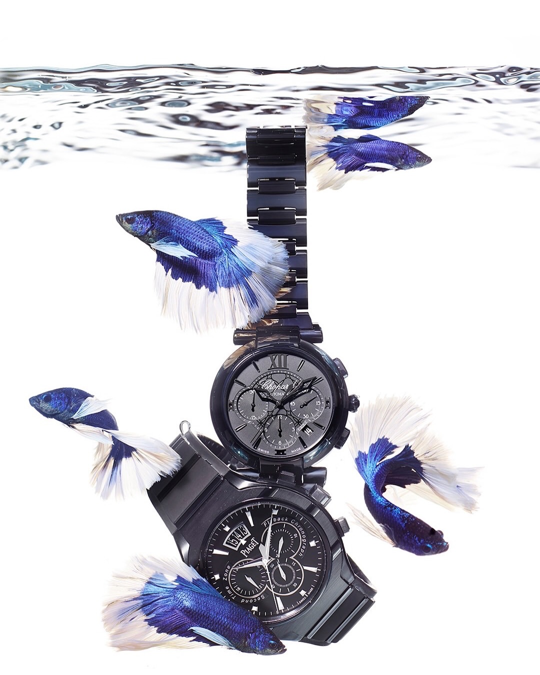 Two black wristwatches are stacked underwater, surrounded by blue and white betta fish against a bright white background.