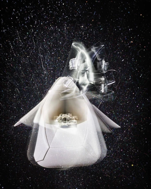 Abstract ring product shot with blurred edges, presented in a white paper package against a mottled black background.