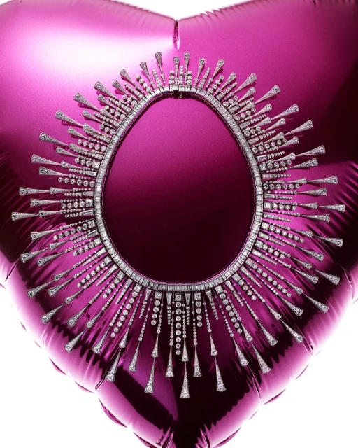 Luxury jewelry necklace displayed on a pink heart-shaped balloon, studio shot against a white background.