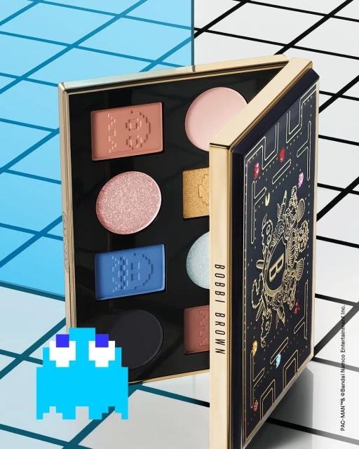 Bobbi Brown x Pac-Man eyeshadow palette with an arcade-themed design featuring an open case revealing various colors.