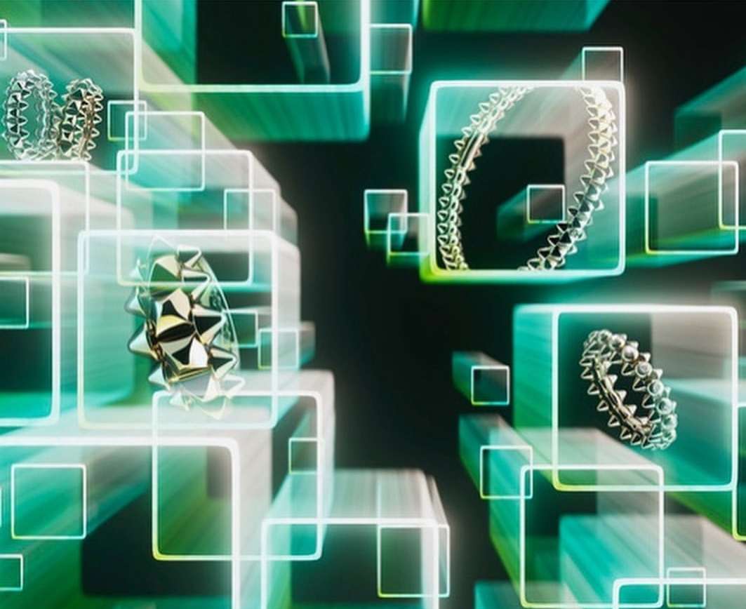 Abstract jewelry advertisement with gold rings in transparent cubes, set against a black background with layered, geometric designs.