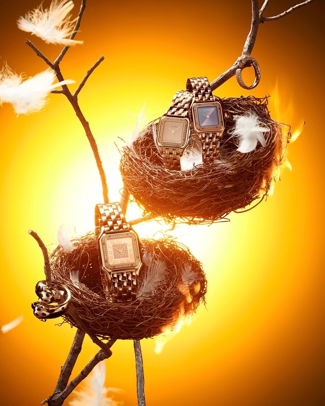 Golden wristwatches sit nestled inside woven bird nests on branches against a warm yellow background with scattered white feathers.