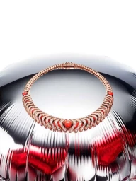 Close-up product photograph of a diamond and gemstone necklace resting on a reflective silver balloon surface.