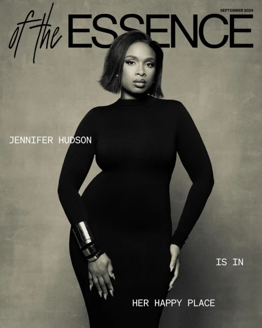 Essence magazine cover featuring Jennifer Hudson in a black dress with metallic cuff bracelet against a grey-toned backdrop.