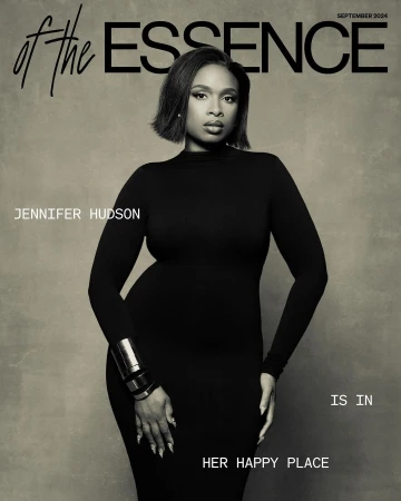 Essence magazine cover featuring Jennifer Hudson in a black dress with metallic cuff bracelet against a grey-toned backdrop.