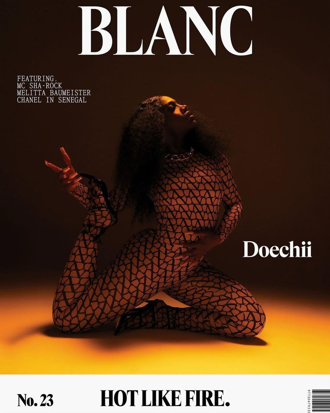 Magazine cover featuring Doechii in patterned bodysuit, striking a yoga pose against a warm-toned background, with 'BLANC' as the prominent title.
