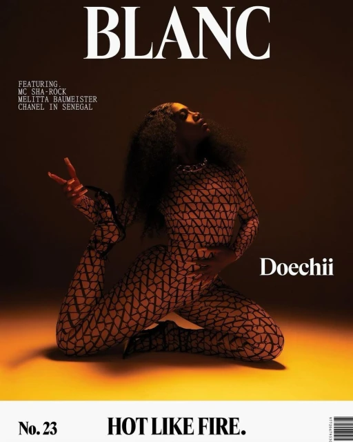 Magazine cover featuring Doechii in patterned bodysuit, striking a yoga pose against a warm-toned background, with 'BLANC' as the prominent title.