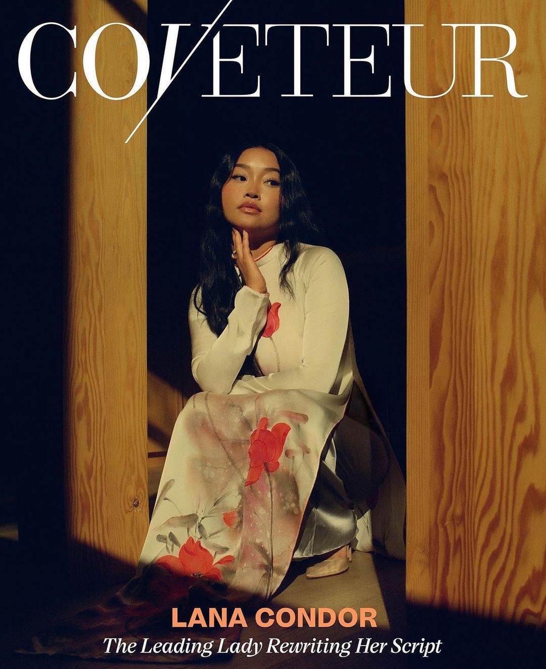 Magazine cover features Lana Condor in a white floral dress, seated in front of wooden panels, with the magazine title 'COVETEUR' at the top.