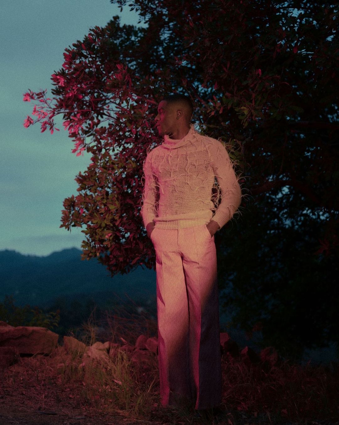 A single adult male stands outdoors near a tree with a mountain backdrop, wearing an intricately textured sweater and wide-leg pants.