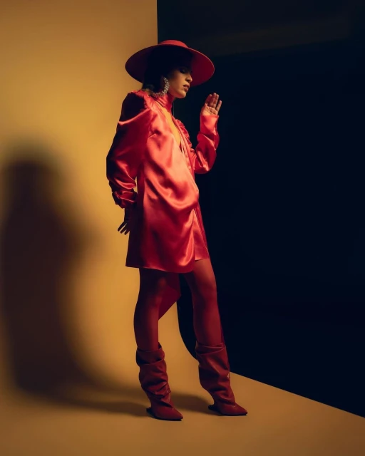 Woman in red satin dress and hat poses against a split yellow and black backdrop, showcasing a modern fashion style.