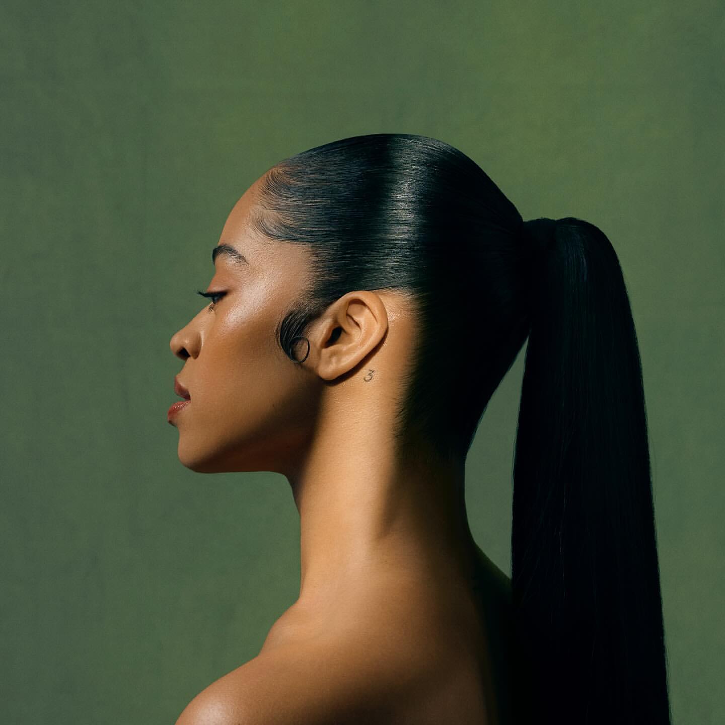Profile portrait of a Black woman with sleek dark hair in a high ponytail against a muted green textured background