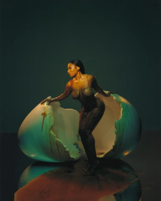 Woman emerges from shattered egg in surreal studio shot. Dark hair and gold-toned skin stand out against teal backdrop, reflective surface.