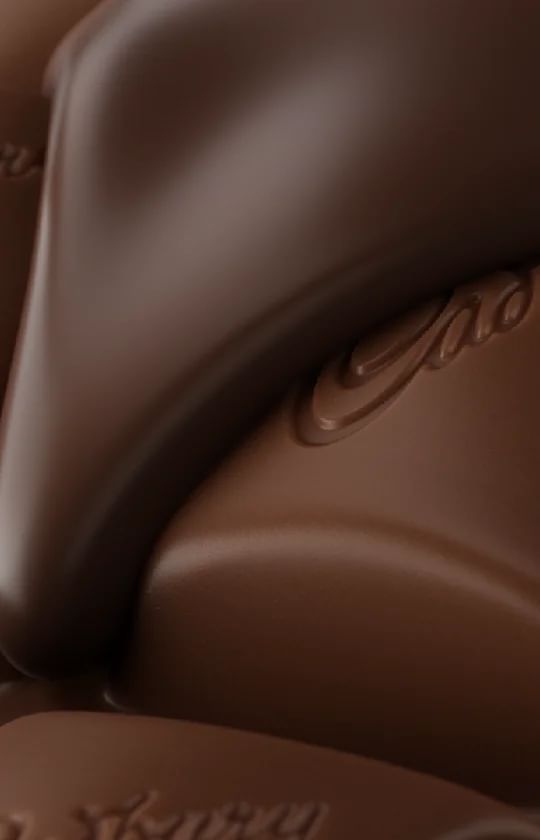Close-up of light brown chocolate with cacao logo embossed on the surface, showing its smooth texture and rich color.
