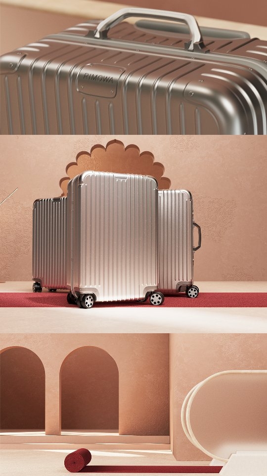 Silver luggage set arranged on a red carpet in a studio with beige walls and archways providing a clean and modern minimalist aesthetic.
