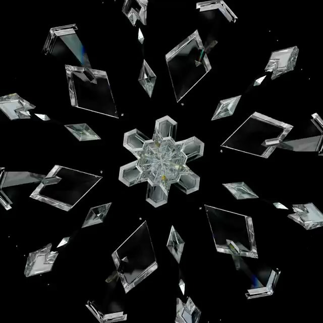 Geometric crystal sculptures on a black background create an abstract, kaleidoscope-like effect with a modern and elegant aesthetic.