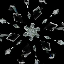 CGI artwork by Kappiri Studio featuring floating crystalline geometric shapes forming a snowflake motif against black