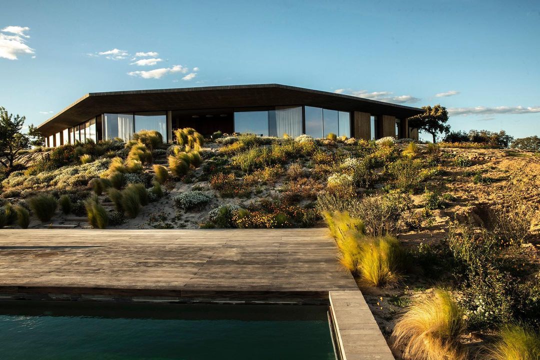 Exterior view of a modern, low-lying house with glass walls on a grassy hill, blending with the natural landscape and a pool nearby.