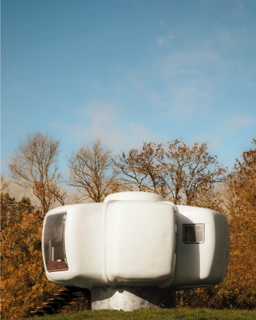 Futuristic pod house on green grass with trees in background under a clear blue sky. Unique architecture and landscape design.