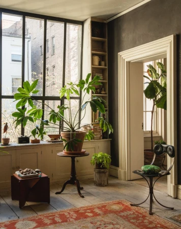 Indoor view of a sunlit room featuring lush green potted plants, a vintage chair, and a decorative rug on a wooden floor.
