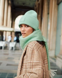 Woman wearing a mint green beanie and matching scarf with a plaid coat on an outdoor street by Karen Rosetzsky