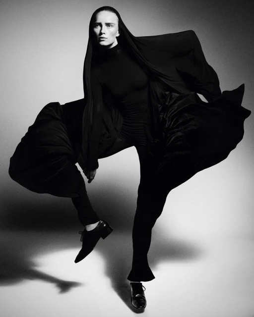 Monochrome fashion shot of a single woman in a black turtleneck and flowing black fabric, standing in a dynamic pose on a white background.