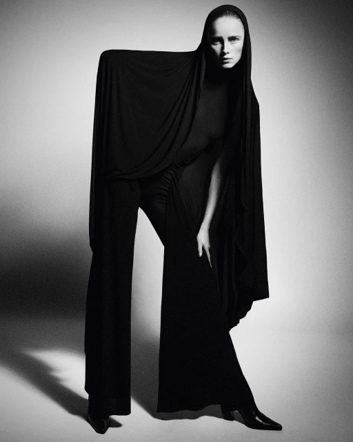 Monochrome studio shot of a tall, slim adult woman posing in elegant black draped clothing with long sleeves and wide-leg pants.