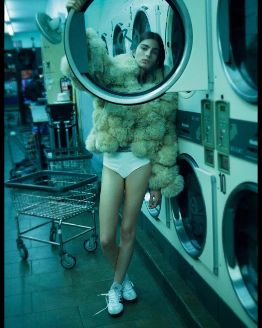 A woman in a fur coat and underwear standing in a laundromat next to washing machines, holding a circular metal frame.