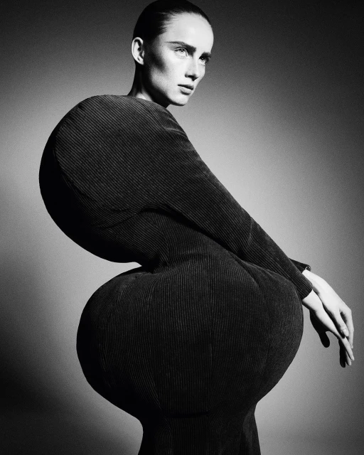 Black and white portrait of a woman in a sculptural black dress, shot in a studio. The dress has rounded shapes at the shoulders and hips.