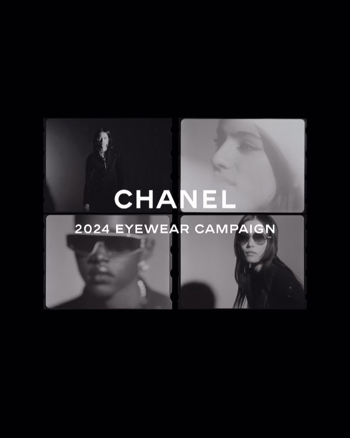 Black and white eyewear campaign ad features four models in sunglasses promoting Chanel's 2024 eyewear collection against a dark background.