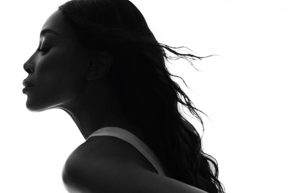Striking black and white portrait of a woman in profile, featuring elegant, flowing hair and a minimalist fashion aesthetic.