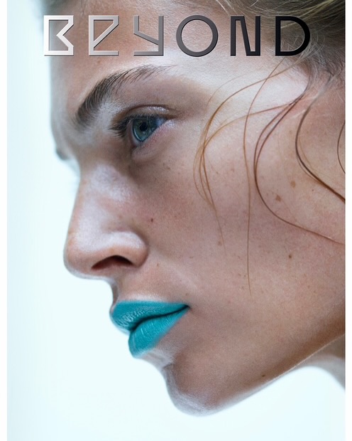 Close-up fashion shot of a woman's face in profile with bright cyan lipstick, against a clean white background and text overlay.