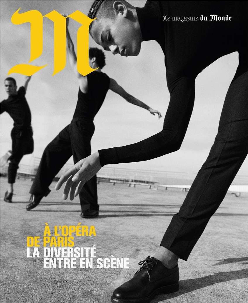 Magazine cover featuring three dancers in black attire against a light sky, highlighting movement and fashion from Le magazine du Monde.