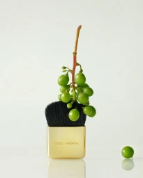 A gold makeup brush with a cluster of green grapes resting on its black bristles against a plain white background.