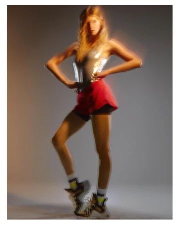 Model in silver top and red shorts posing against a grey gradient studio background with motion blur effect.