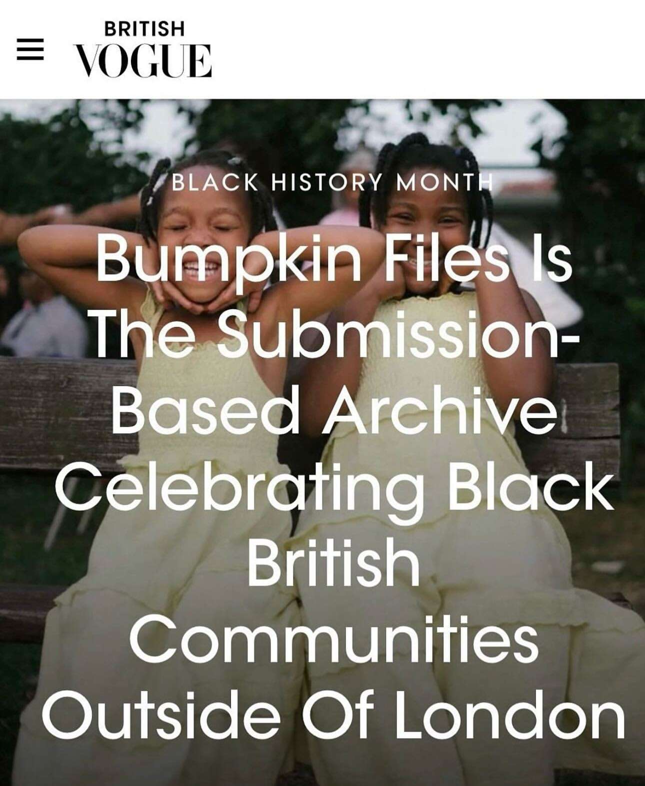 Two smiling African-American girls in light yellow dresses pose outdoors with a British Vogue headline promoting Black History Month.