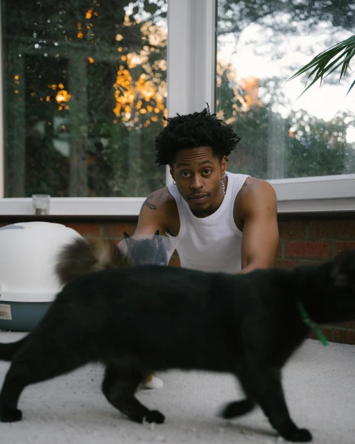 An indoor portrait of a dark-skinned man in a white tank top interacting with two cats near a window. One cat is black and walking.