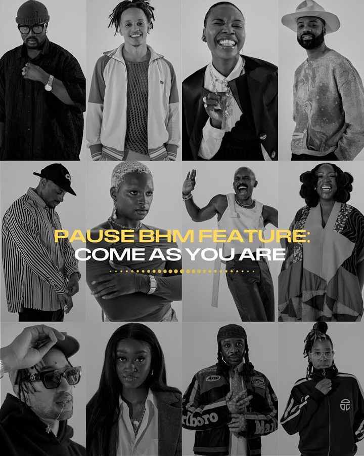 Black and white portrait collage of twelve diverse individuals posing in separate frames for a visually striking fashion editorial.