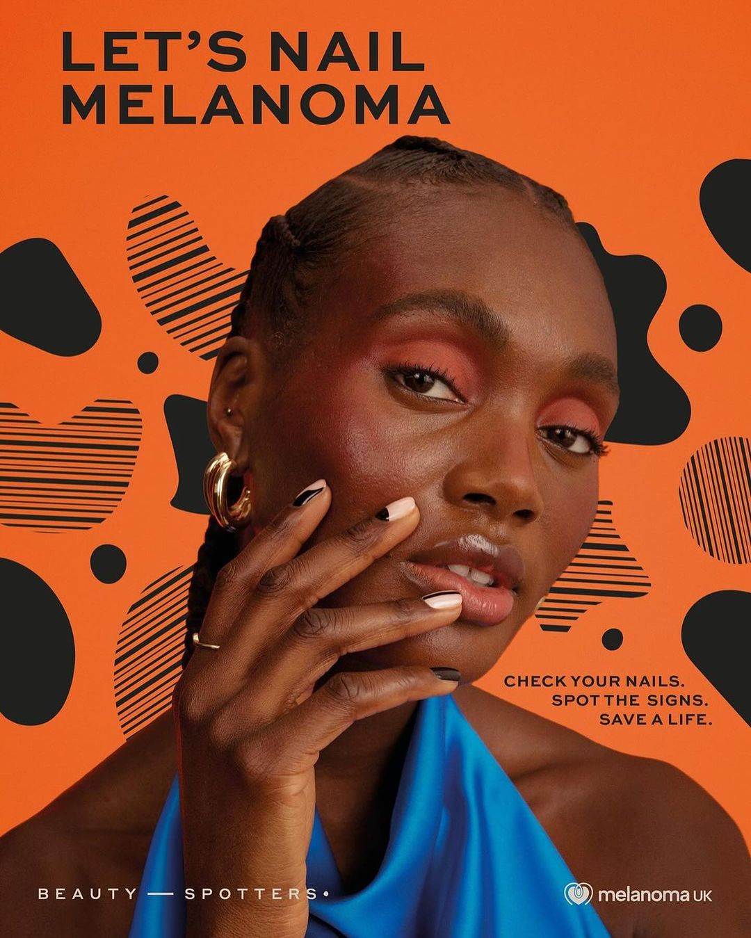 Portrait of a Black woman with braided hair wearing a bright blue top against an orange background with black abstract shapes
