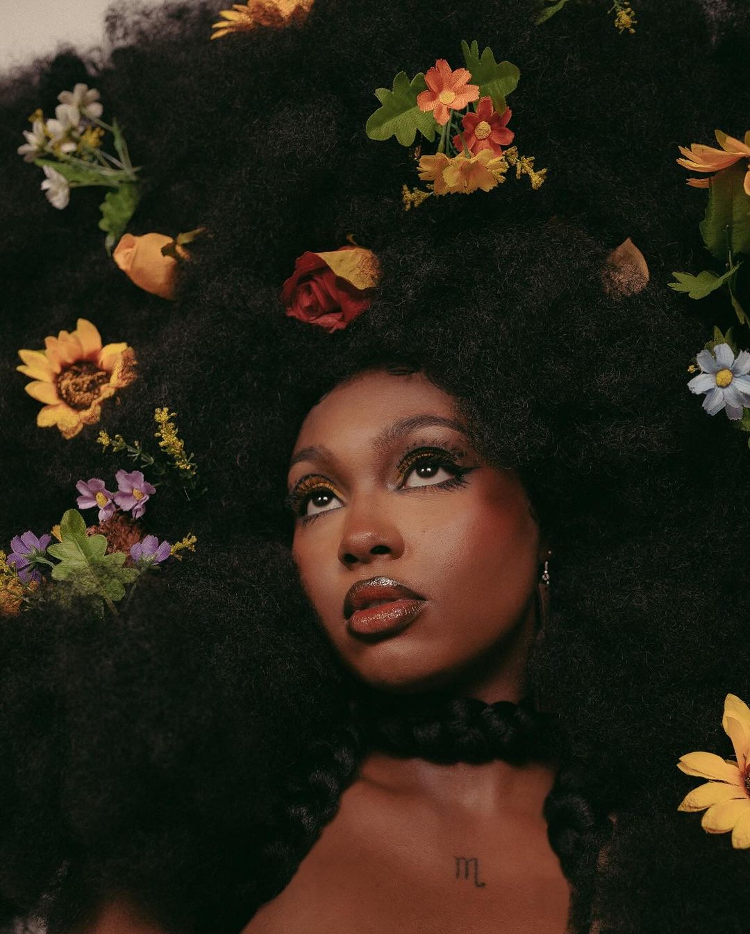Close-up shot of a woman with dark afro hairstyle adorned with flowers, looking upwards with glossy lips and braided detail.