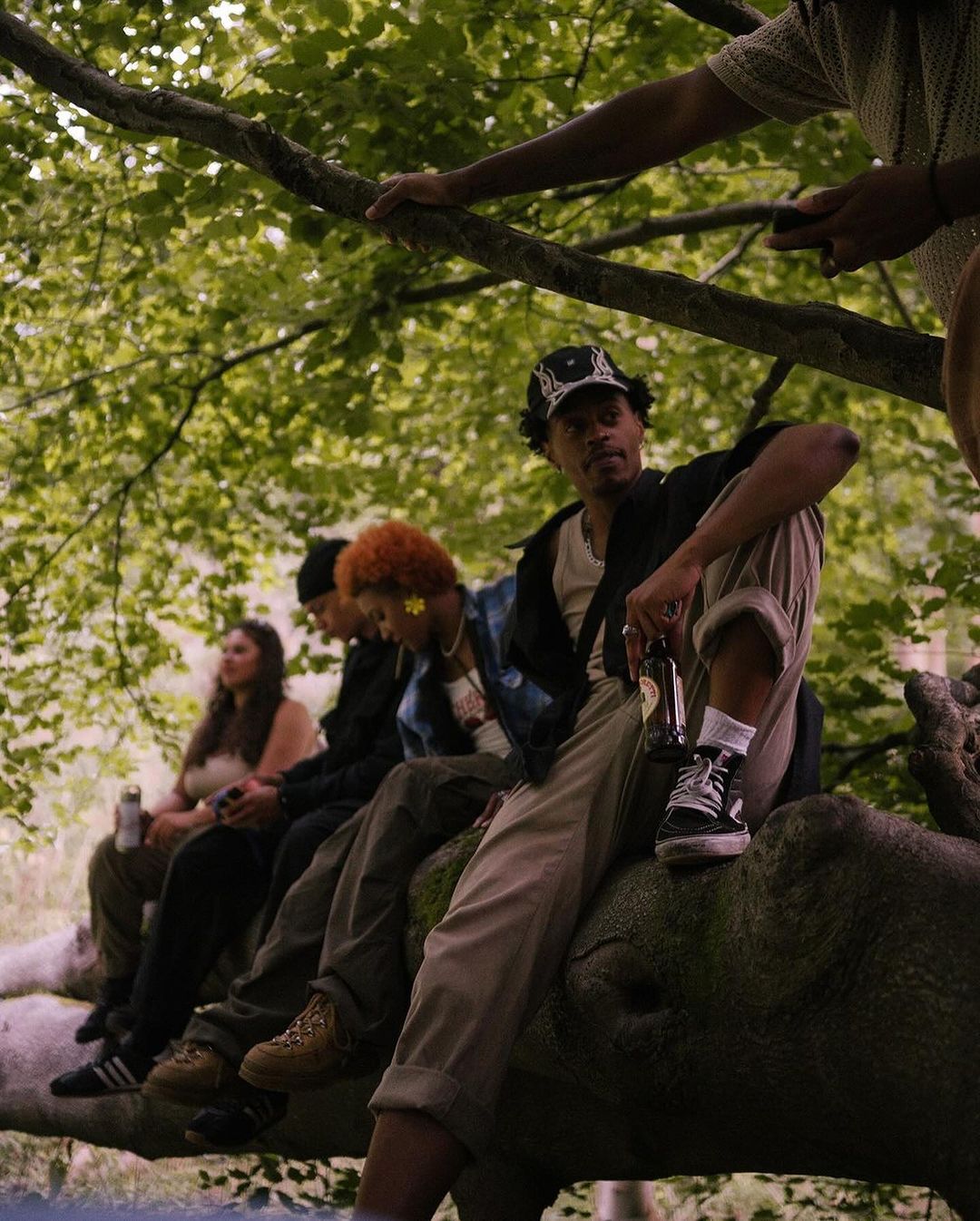 Group of young adults sit on a tree branch in a forest setting, dressed in casual clothes. Natural light filters through the green canopy.