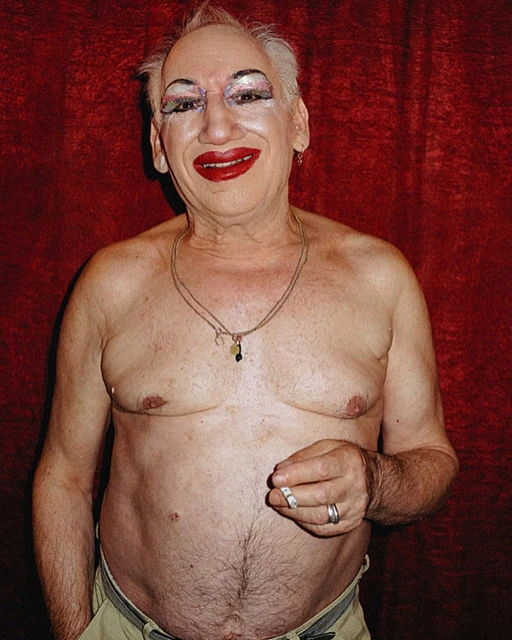 Adult male with heavy makeup poses indoors with a lit cigarette and gold jewelry against a red velvet-textured backdrop.