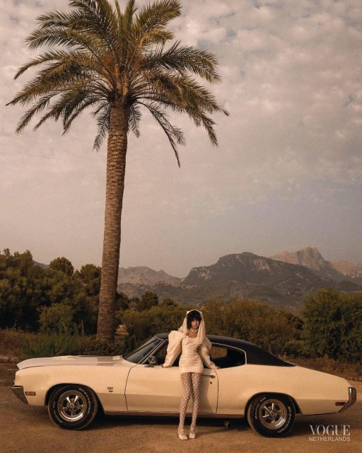 Woman in retro-style dress and patterned stockings stands near vintage car under palm tree with mountains in background.