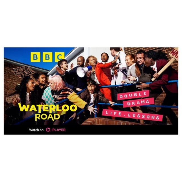 Group of diverse young adults in a split frame promoting the TV show Waterloo Road, with bold text, colorful design, and school setting.