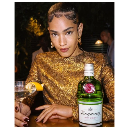 Elegant adult female in golden dress poses at a bar with a Tanqueray gin bottle and martini glass in a dimly lit indoor setting.