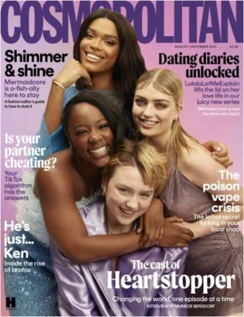 Cosmopolitan cover featuring four smiling women of diverse backgrounds, posing closely with natural light, promoting 'Heartstopper' cast.