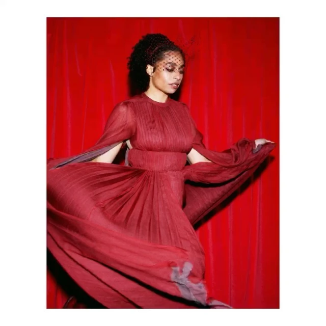 Woman in flowing burgundy gown with veil poses against vibrant red draped backdrop in fashion portrait. Elegant, formal attire, evening wear.